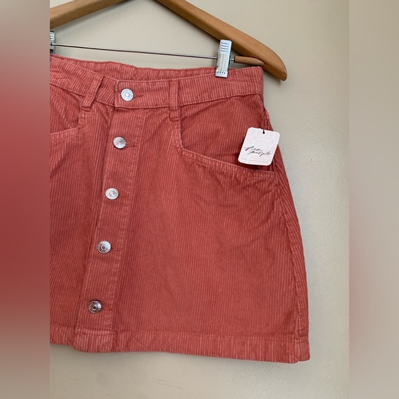 Free People NWT coral Corduroy Mini Skirt button up - Picture 2 of 7